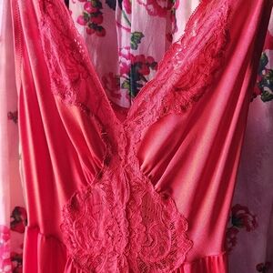 Vintage 70s 80s Olga Slip Dress Red Nylon Lace Gown Style 92150 Goddess Gown